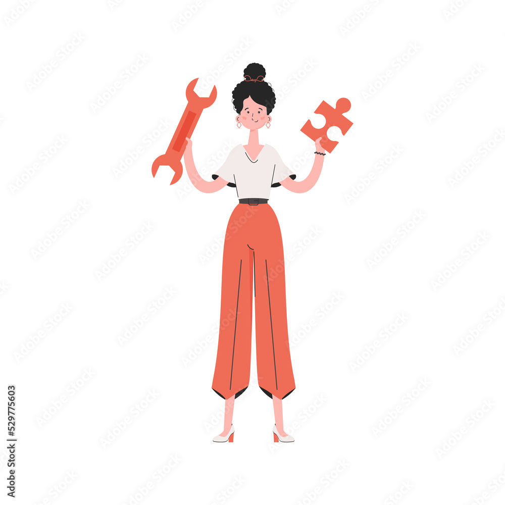 A woman stands in full growth and holds a wrench in her hands. Element for presentations, sites. A woman stands in full growth and holds a wrench in her hands. Element for presentations, sites.