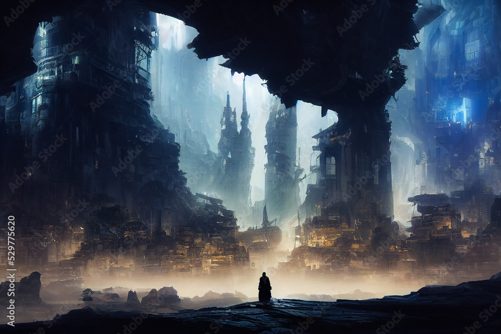 Fototapeta premium Silhouette of a man entering in an epic dwarf city inside a mountain, high fantasy background, digital illustration