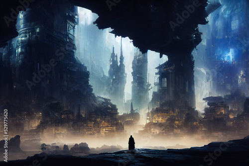 Silhouette of a man entering in an epic dwarf city inside a mountain, high fantasy background, digital illustration
