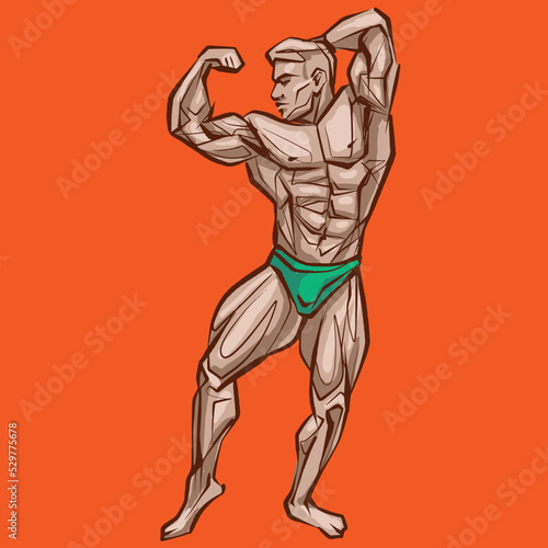 Fitness men posing. Muscular man stands, rippling athlete. Vector drawing