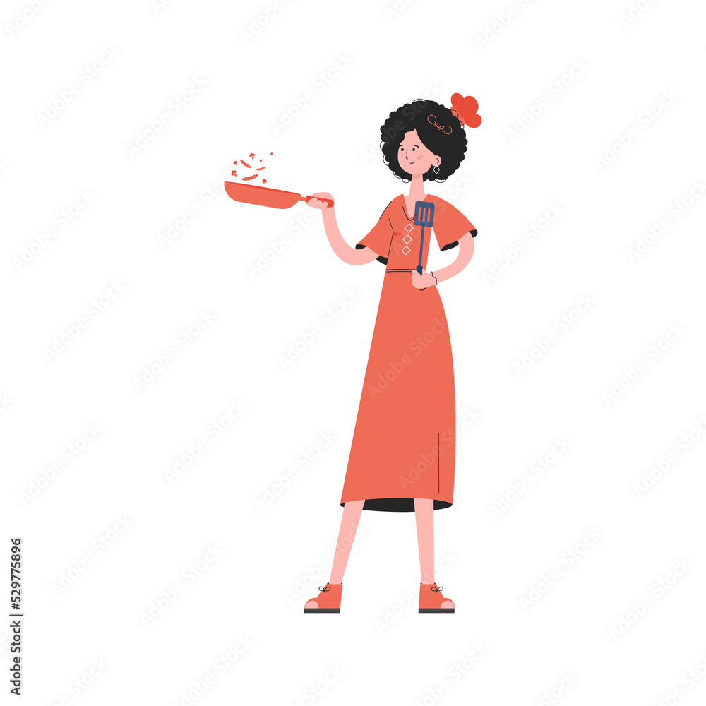 A woman stands in full growth holding a spatula in her hands. Element for presentations, sites. A woman stands in full growth holding a spatula in her hands. Element for presentations, sites.