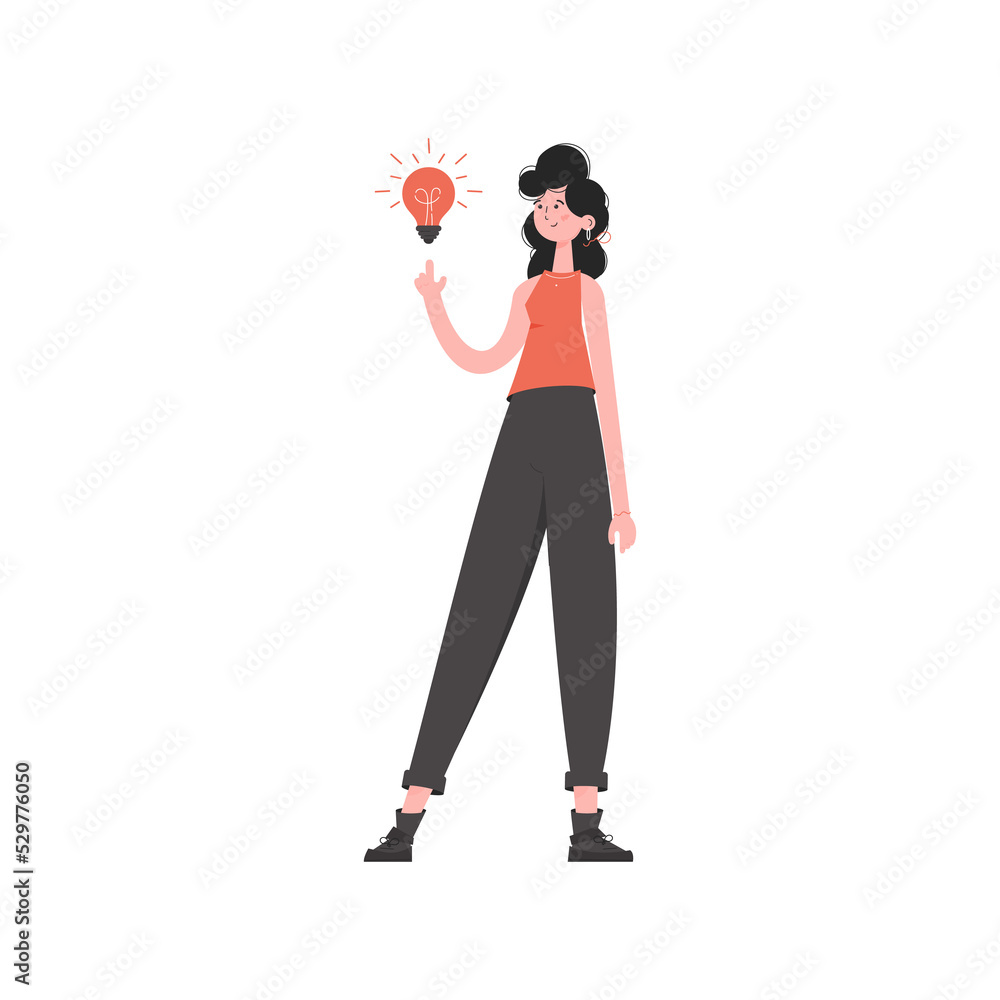 The girl stands in full growth with a light bulb. Element for presentations, sites. The girl stands in full growth with a light bulb. Element for presentations, sites.