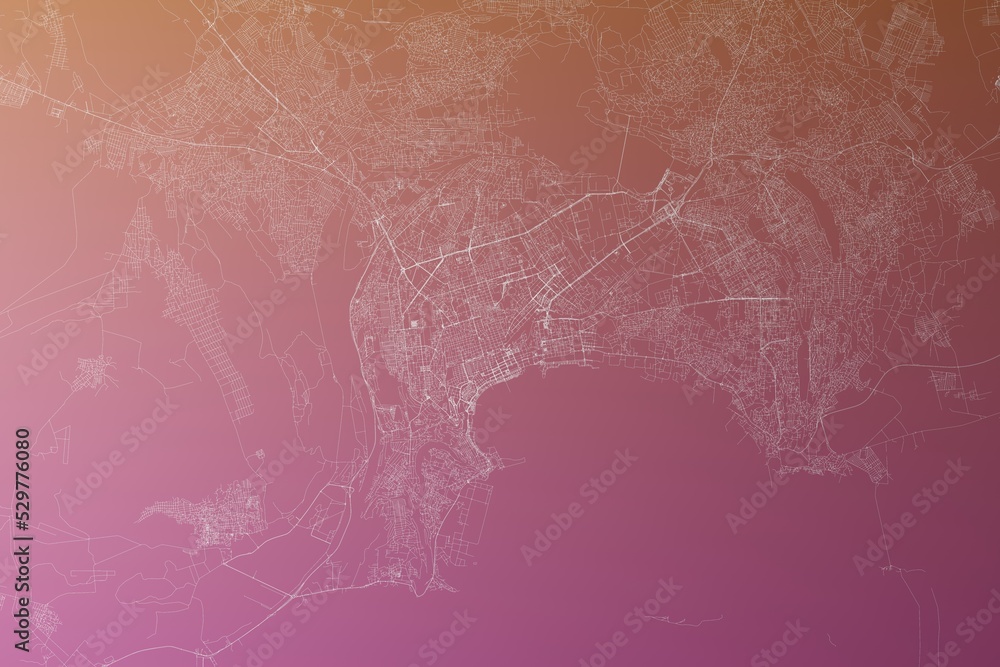 Map of the streets of Baku (Azerbaijan) made with white lines on pinkish red gradient background. Top view. 3d render, illustration