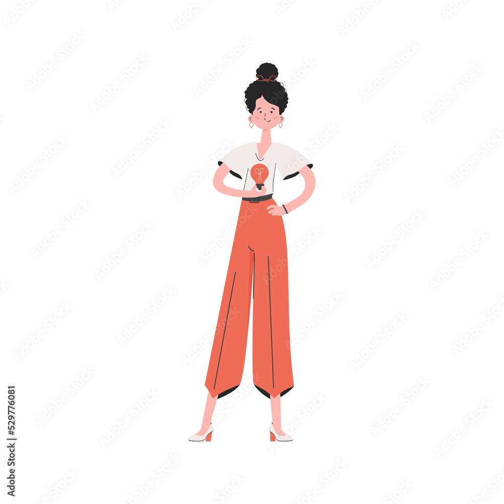 A woman stands in full growth with a light bulb. Element for presentations, sites. A woman stands in full growth with a light bulb. Element for presentations, sites.
