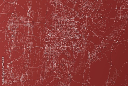 Map of the streets of Chongqing (China) made with white lines on red background. Top view. 3d render, illustration