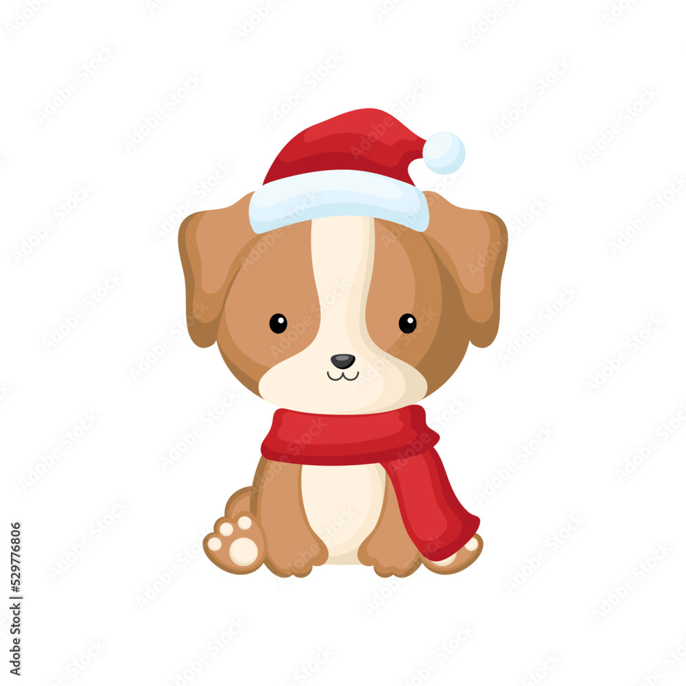 Cute little dog sitting in a Santa hat and red scarf. Cartoon animal character for kids t-shirts, nursery decoration, baby shower, greeting card, invitation. Isolated vector stock illustration Cute little dog sitting in a Santa hat and red scarf. Cartoon animal character for kids t-shirts, nursery decoration, baby shower, greeting card, invitation. Isolated vector stock illustration