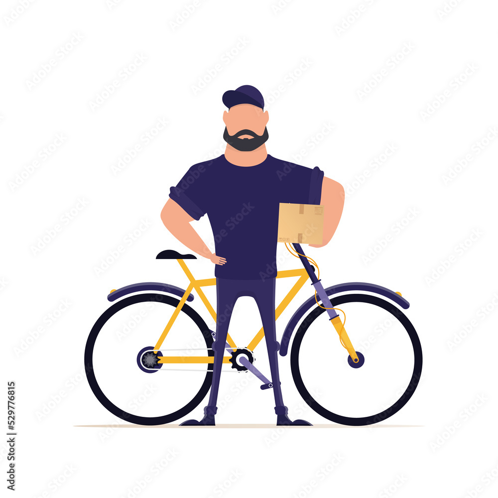Courier man stands near the bike and holds a box. Delivery concept. Isolated on a white background.
