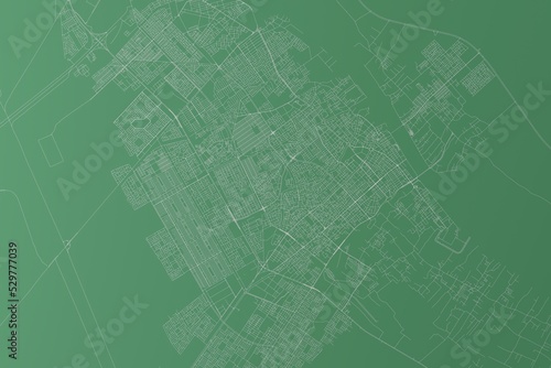 Stylized map of the streets of Basra (Iraq) made with white lines on green background. Top view. 3d render, illustration photo