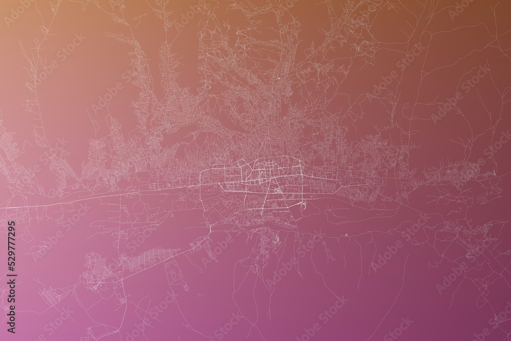 Map of the streets of Ulanbaatar (Mongolia) made with white lines on pinkish red gradient background. Top view. 3d render, illustration