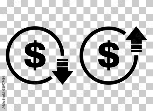 Set of cost symbol dollar increase and decrease icon. Money vector symbol isolated on background
