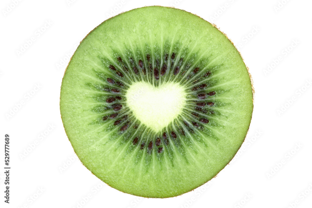Sliced ripe kiwi fruit with a heart inside isolated on white background. Sliced ripe kiwi fruit with a heart inside isolated on white background.