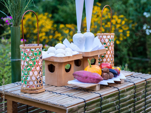 Traditional offerings for the Harvest Moon festival in Asia photo