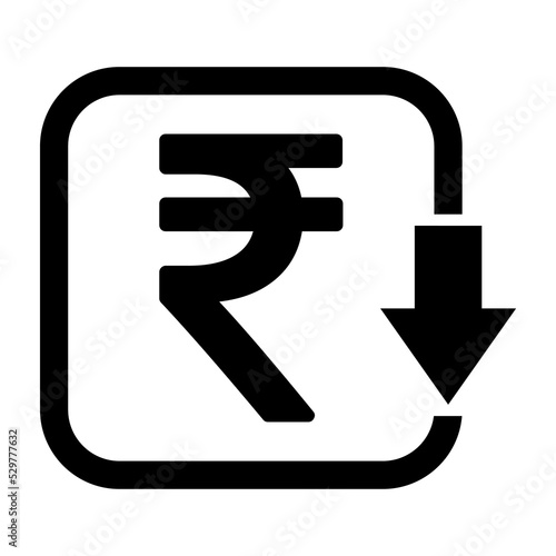 Cost reduction- decrease rupee icon. Vector symbol isolated on background