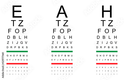 Set of Test visual measure icon, optical chart letter symbol, optometrist focus vector illustration