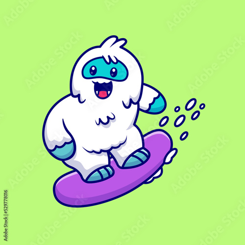 Cute Yeti Surfing In The Snow Cartoon Vector Icon 
Illustration. Animal Sport Icon Concept Isolated Premium 
Vector. Flat Cartoon Style