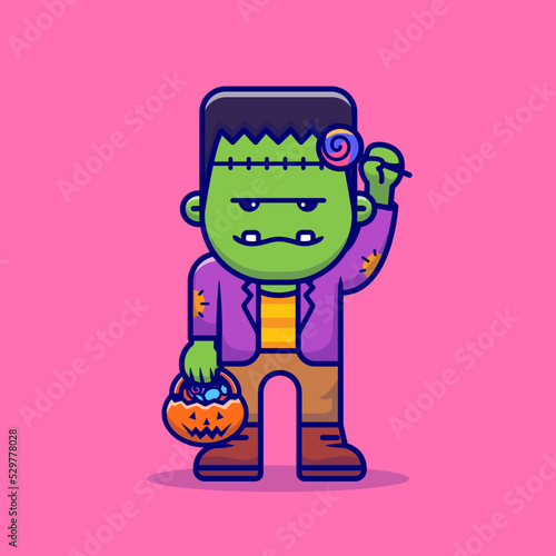 Cute Frankenstein With Candy Lollipop Cartoon Vector Icon 
Illustration. People Holiday Icon Concept Isolated Premium 
Vector. Flat Cartoon Style