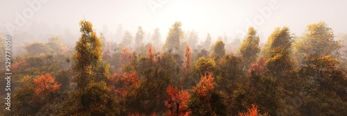 Autumn landscape  trees with red and yellow leaves in the morning in fog  3d rendering