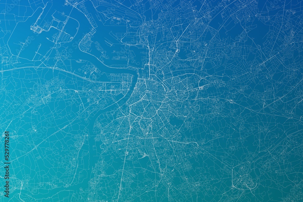Map of the streets of Antwerp (Belgium) made with white lines on greenish blue gradient background. 3d render, illustration Map of the streets of Antwerp (Belgium) made with white lines on greenish blue gradient background. 3d render, illustration