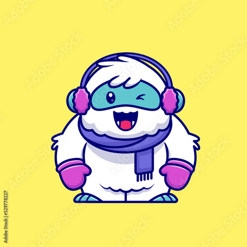 Cute Yeti Wearing Scarf, Glove And Earmuff Cartoon Vector 
Icon Illustration. Animal Fashion Icon Concept Isolated 
Premium Vector. Flat Cartoon Style