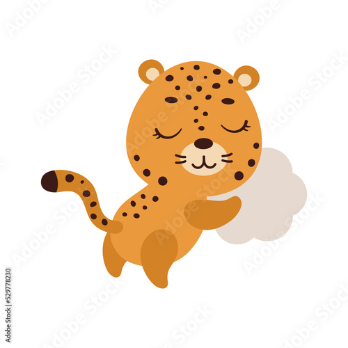 Cute little jaguar sleeping on cloud. Cartoon animal character for kids t-shirt, nursery decoration, baby shower, greeting cards, invitations, house interior. Vector stock illustration
