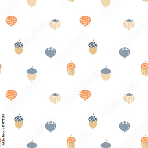 Autumn seamless pattern with nuts and acorns on a white background