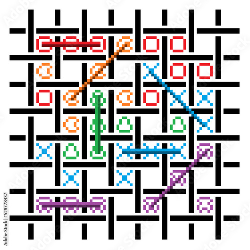 Colorful pixel players fully engaged in the Tic-Tac-Toe game on white background. Vector illustration.