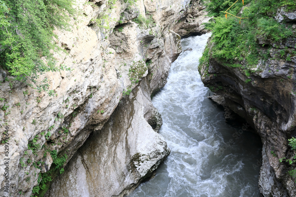 View of river Belaya in Khadzhokh gorge in summer