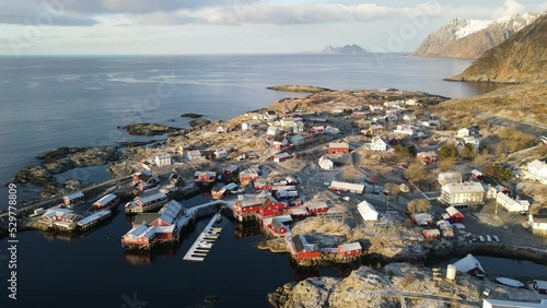 A i Lofoten aerial view village and harbour, Lofoten Islands, North Norway