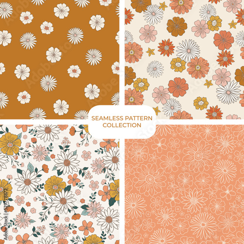 Retro groovy floral pattern set, collection of fun warm floral digital papers, repeating background. Cohesive collection of 4 seamless pattern prints