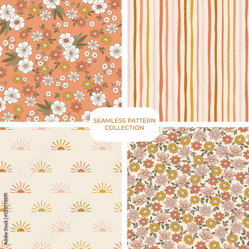 Retro groovy floral pattern set, collection of fun warm floral digital papers, repeating background. Cohesive collection of 4 seamless pattern prints