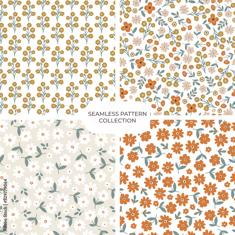 Set of vector floral hand drawn seamless patterns. Cohesive collection of repeating backgrounds, digital papers for fabric, textile, scrapbook, wallpaper design