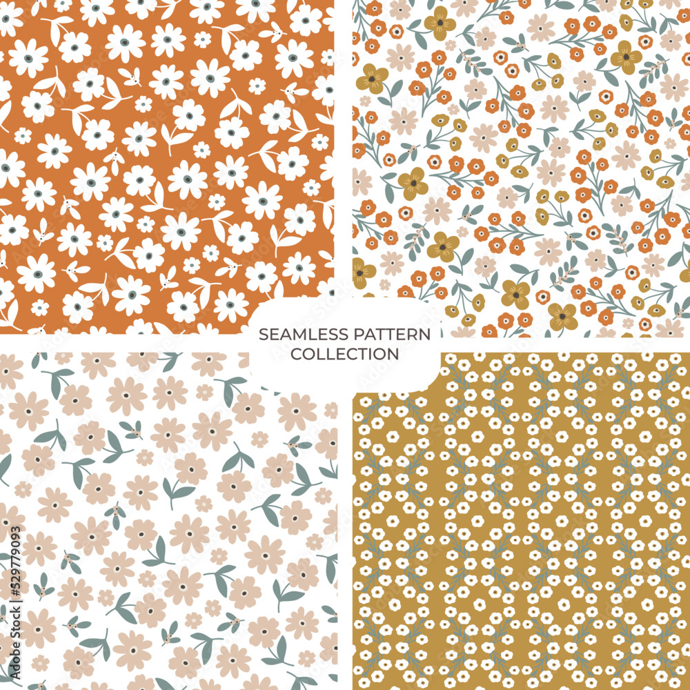 Fototapeta premium Set of vector floral hand drawn seamless patterns. Cohesive collection of repeating backgrounds, digital papers for fabric, textile, scrapbook, wallpaper design
