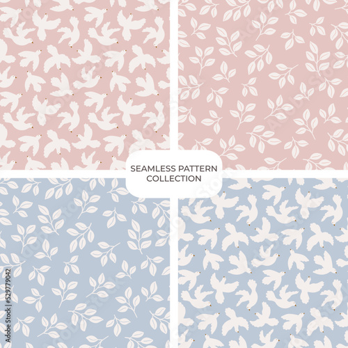 Set of vector floral hand drawn seamless patterns. Cohesive collection of repeating backgrounds, digital papers for fabric, textile, scrapbook, wallpaper design