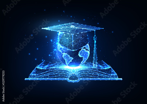 Concept of global, international education with open book, graduation cap and planet Earth on blue
