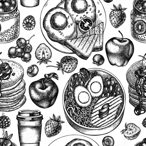 Breakfast seamless pattern background design. Engraved style. Hand drawn pancakes, bowl with avocado, chia pudding, fried eggs, raspberry, blueberry, strawberry, apples, paper cup.