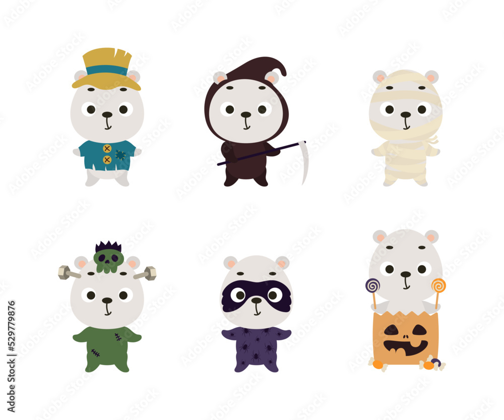Cute Halloween polar bear set. Cartoon animal character collection for kids t-shirts, nursery decoration, baby shower, greeting card, invitation. Vector stock illustration