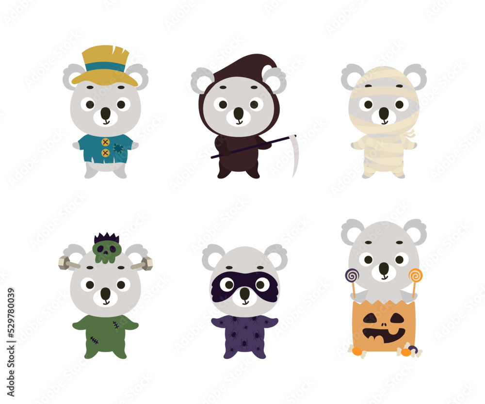 Cute Halloween koala set. Cartoon animal character collection for kids t-shirts, nursery decoration, baby shower, greeting card, invitation. Vector stock illustration Cute Halloween koala set. Cartoon animal character collection for kids t-shirts, nursery decoration, baby shower, greeting card, invitation. Vector stock illustration