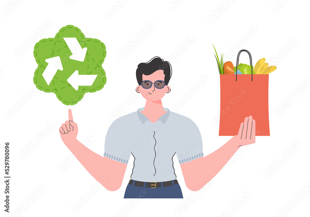 The man is depicted waist-deep and holds a package with healthy food in his hands and shows an icon. Trend . The man is depicted waist-deep and holds a package with healthy food in his hands and shows an icon. Trend .