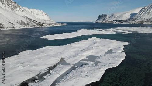 Snow and coastline of Lofoten Islands in Winter, Lofoten Islands, north Norway