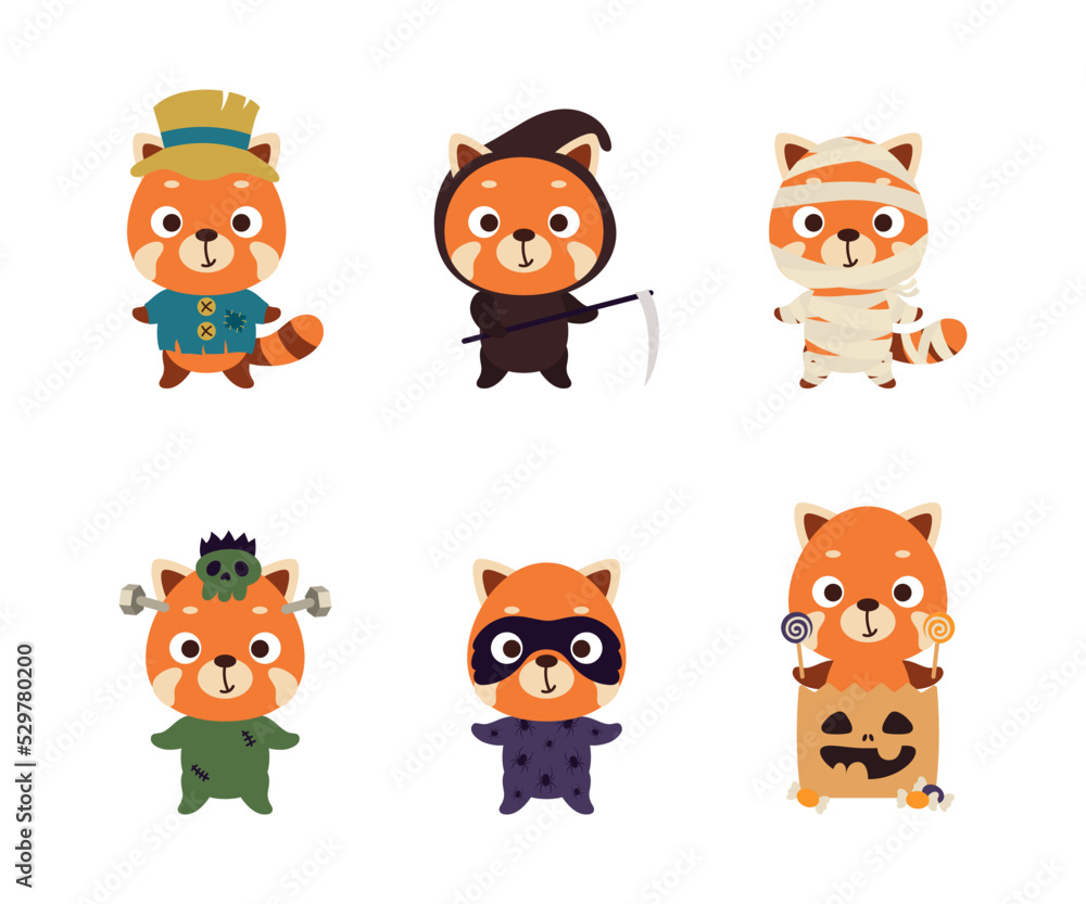 Cute Halloween red panda set. Cartoon animal character collection for kids t-shirts, nursery decoration, baby shower, greeting card, invitation. Vector stock illustration Cute Halloween red panda set. Cartoon animal character collection for kids t-shirts, nursery decoration, baby shower, greeting card, invitation. Vector stock illustration