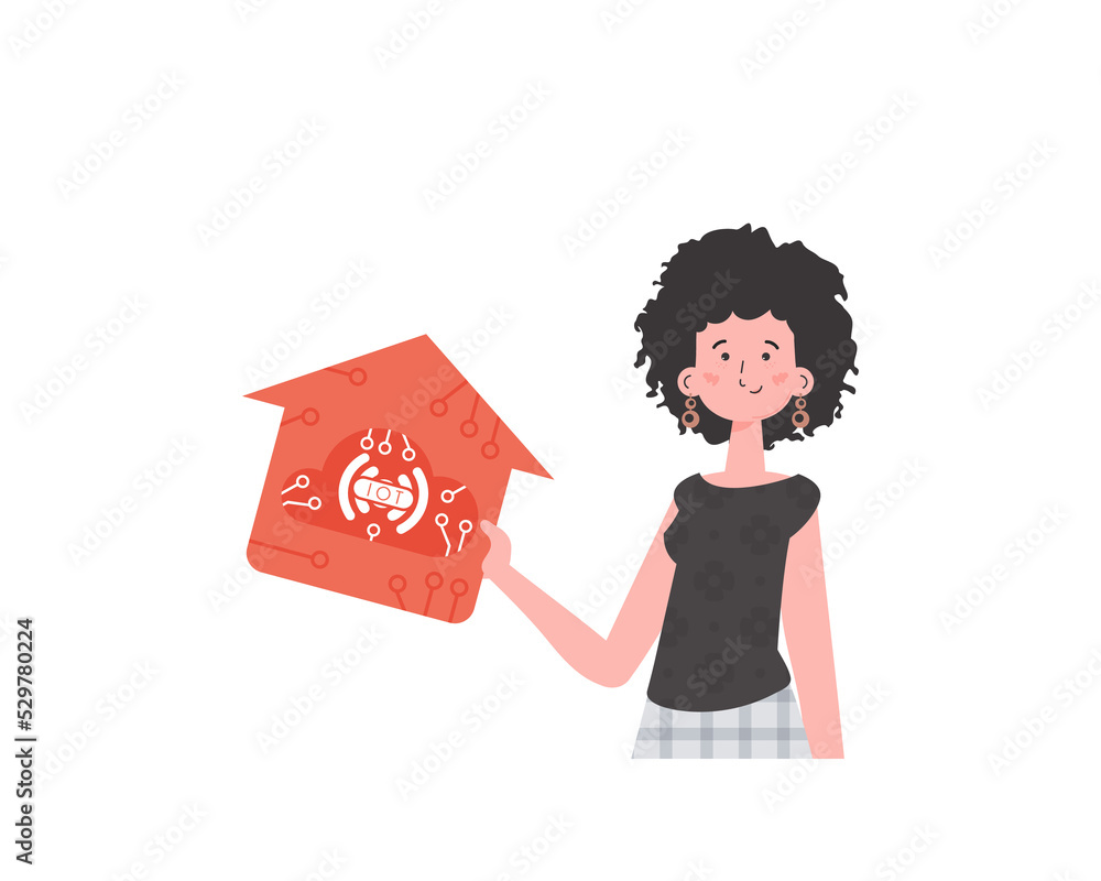 Internet of things and automation concept. The girl is shown to the waist. A woman is holding a house icon in her hands. in flat style. Internet of things and automation concept. The girl is shown to the waist. A woman is holding a house icon in her hands. in flat style.