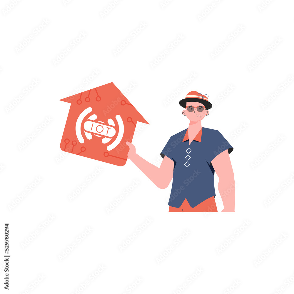 IoT concept. The guy is shown to the waist. A man holds an icon of a house in his hands.     in trendy flat style.