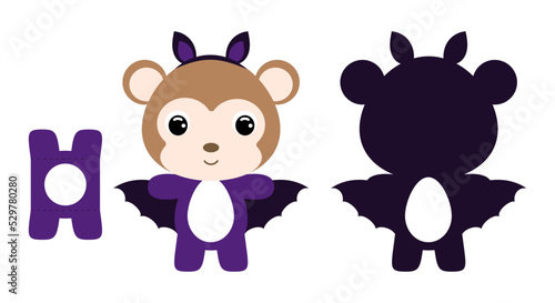 Cute die cut Halloween monkey chocolate egg holder template. Cartoon animal character in a bat costume. Retail paper box for the easter egg. Printable color scheme. Vector stock illustration