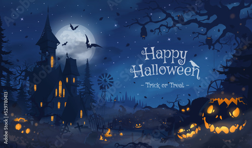 Happy halloween banner or party invitation background with violet fog clouds and pumpkins	