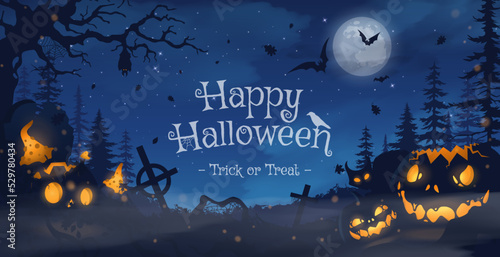 Happy halloween banner or party invitation background with violet fog clouds and pumpkins	