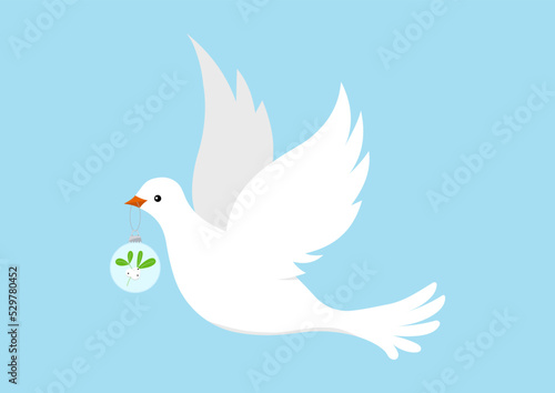 Dove with christmas ormanent isolated on white background. Pigeon flying bird with xmas ball decorated with mistletoe branch sign. Flat design cartoon style vector illustration.