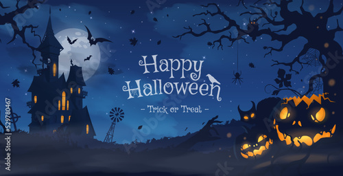 Happy halloween banner or party invitation background with violet fog clouds and pumpkins 