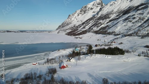 Lofoten Islands mountains and coast in Winter, aerial view, Lofoten Islands, north Norway