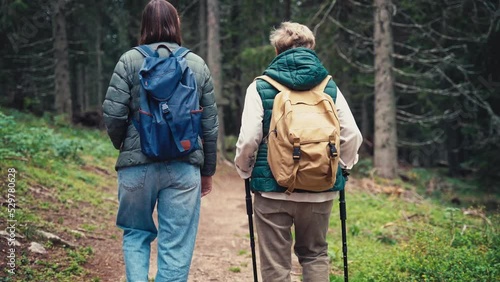 Wallpaper Mural A senior woman and her adult daughter are hiking in the woods along the path in the autumn. Torontodigital.ca