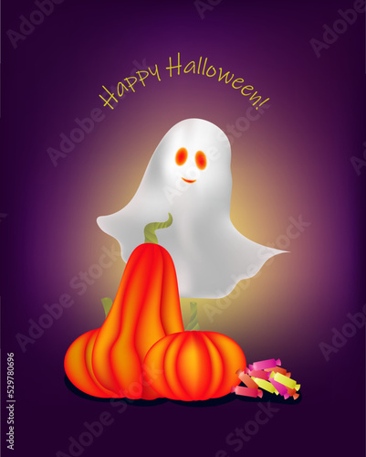 Cartoon illustration of happy Halloween. Three pumpkins, a cute ghost and a handful of sweets.